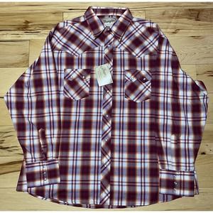 Wrangler Pearl Snap Western Shirt Red Orange Plaid Mens XXL Long Sleeve Pocket